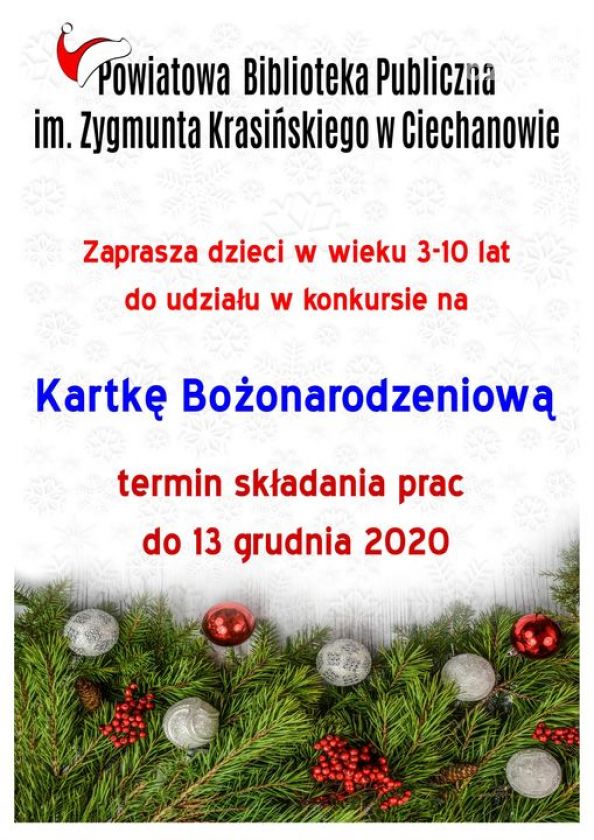 Konkurs na Kartkę Bożonarodzeniową 2020 w Powiatowej Bibliotece Publicznej w Ciechanowie