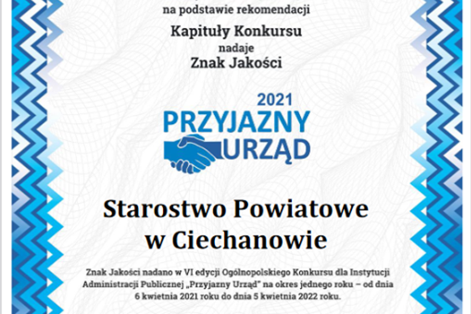 Starostwo Powiatowe w Ciechanowie laureatem prestiżowego konkursu!