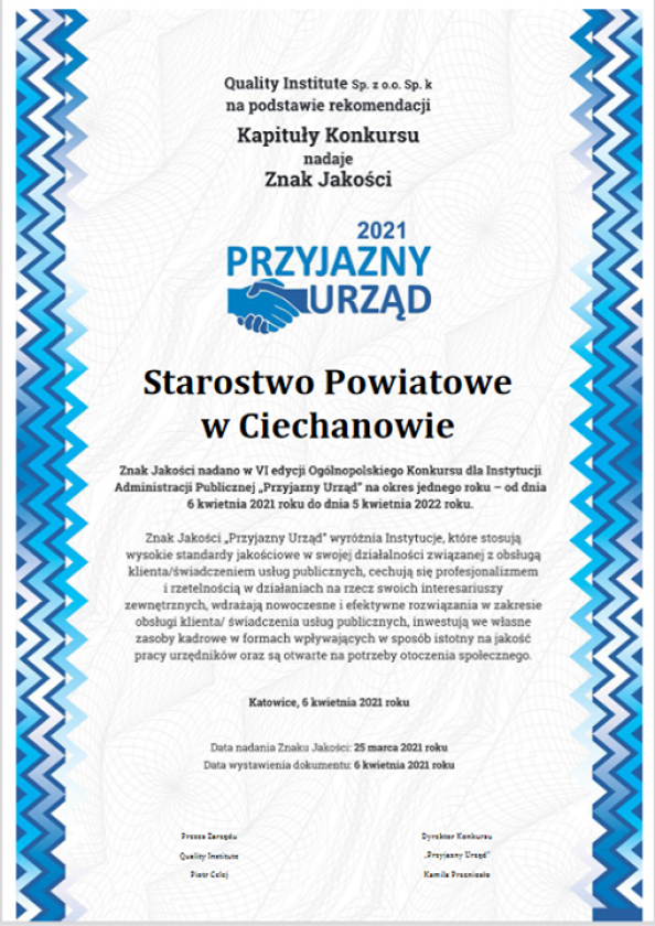 Starostwo Powiatowe w Ciechanowie laureatem prestiżowego konkursu!