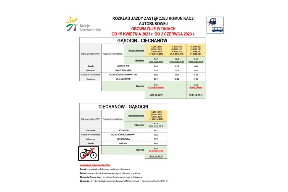 Autobusy zastępcze na odcinku Ciechanów - Gąsocin