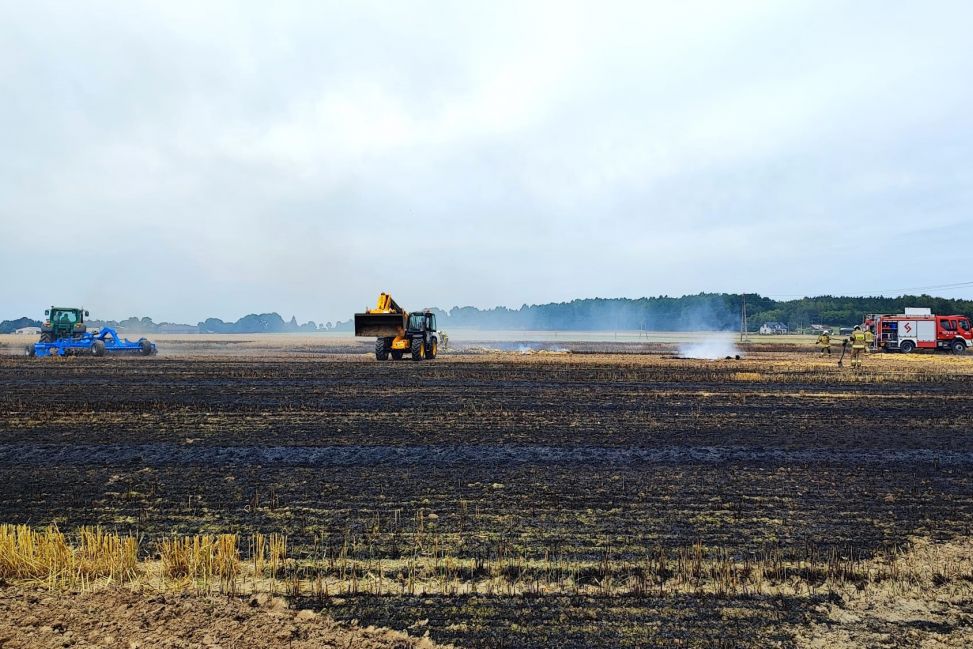 Sprzęt rolniczy, zboże na pniu i słoma w ogniu. Pożar pod Czernicami Borowymi