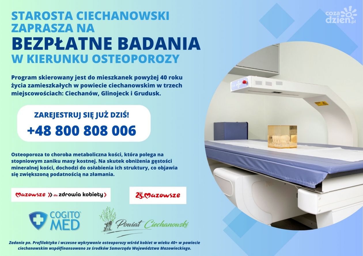 Bezpłatne badania w kierunku osteoporozy dla mieszkanek powiatu ciechanowskiego